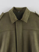 Women Green Suede Jacket 2026 New Spring Fashion Long Sleeve Zipper Oversize Bomber Jackets Chic Female Street Casual Coats ﻿