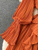 Purple/Brown/Red Chiffon Pleated Long Dress Women Vintage V-Neck Flare Sleeve Draped Ruffle Vestido Female Maxi Robe Spring Fall - M & M Global