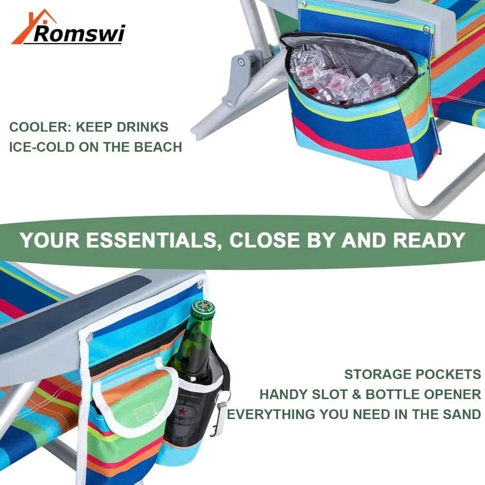 Beach Chairs 5 Position, 2 Pack Portable Folding Backpack Beach Chair Heavy Duty with Cooler Bag, Cup Holder for Outdoor Lawn P