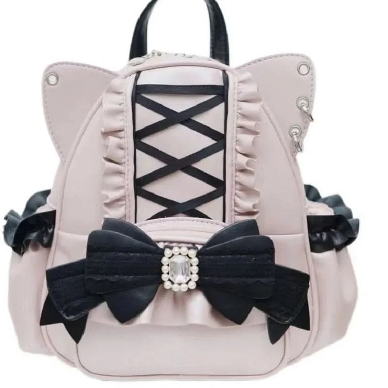 Korean Fashion Y2k Punk Backpack Lace Bow Cat Ear Lotus Lace Decoration Lolita Backbag PU Leather Large Capacity Women Backpack - M & M Global