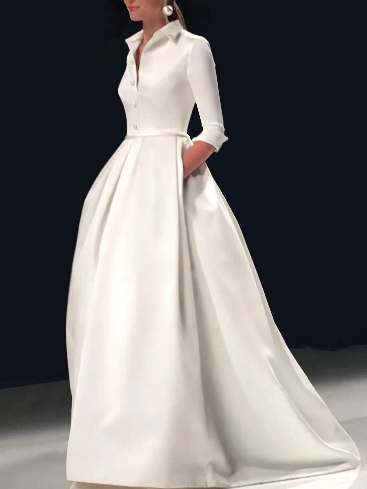 Elegant A Line Maxi Wedding Dress Women Solid Party Evening Bridesmaid Long Dress Pockets Turndown Collar Women Vestidos - M & M Global