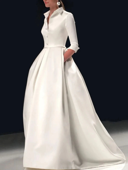 Elegant A Line Maxi Wedding Dress Women Solid Party Evening Bridesmaid Long Dress Pockets Turndown Collar Women Vestidos - M & M Global
