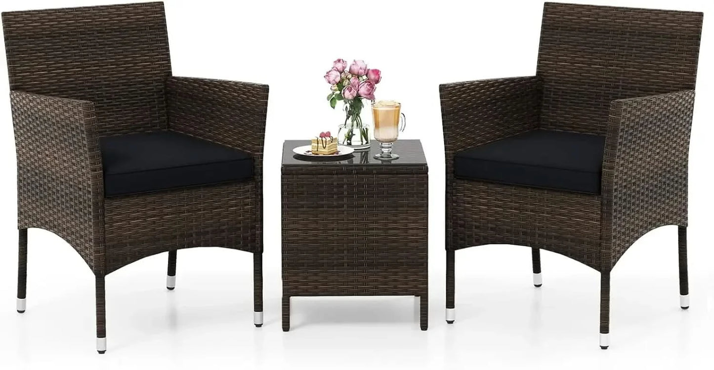 3 Piece Patio Furniture Set, Outdoor Wicker Patio Chairs with Soft Cushions & Tempered Glass Top Table, PE Rattan Bistro