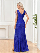 Elegant V-neck Sequins Slit Floor Length Formal Evening Dresses Luxury sleeveless Bridesmaid Wedding Party Beading Cocktail Gown