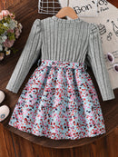 Spring and Autumn Girls' Simple Casual Versatile Knitted Round-Neck Long-Sleeve Floral Dress, Everyday Casual Dress for Girls, Can Be Used as a Holiday Gift, Eid, Easter, Carnival, Spring Festival