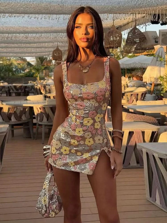 Weird Puss Colorful Flower Print Mini Dress Women Sequins Patchwork Skinny Backless Sleeveless Vacation Trend Elegant Outfits - M & M Global