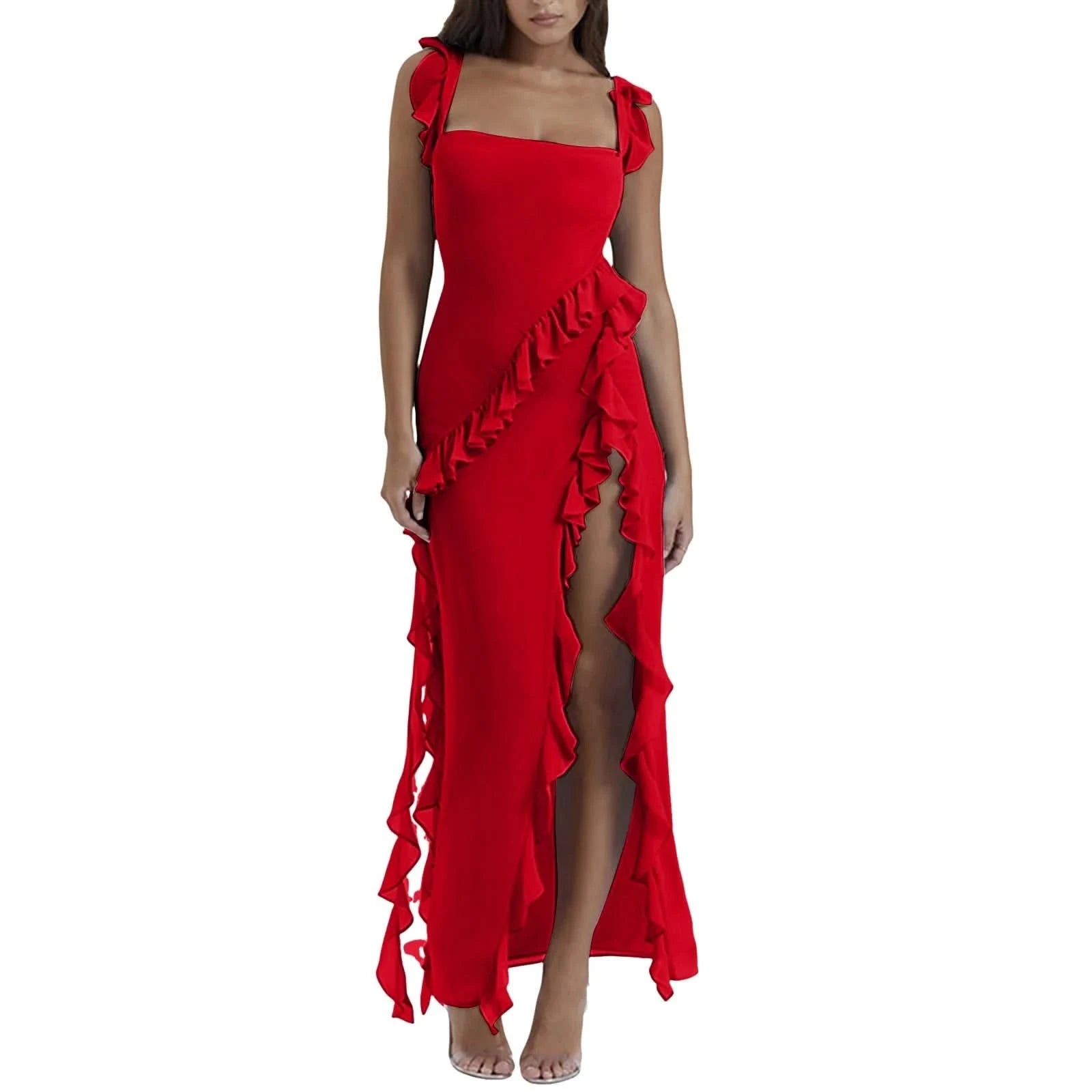 Elegant High Slit Streamer Ladies Dress Sexy Square Neck Slip Dresses Hot Girl Style Long Dress Ruffle Irregular Party Dresses - M & M Global