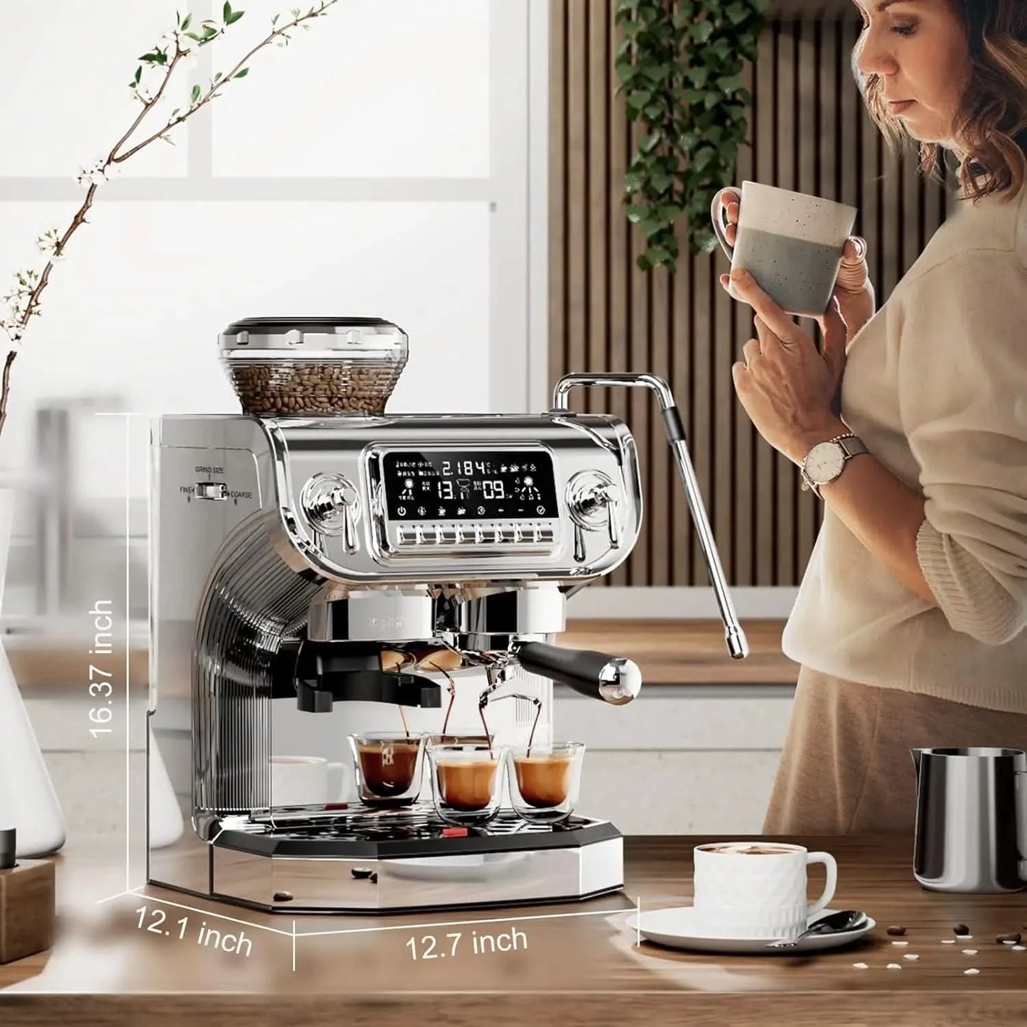 TC530 Espresso Machine with Milk Frother，Semi Automatic Coffee Machine with Grinder,Easy To Use Espresso Coffee Maker with 5.5 i - M & M Global