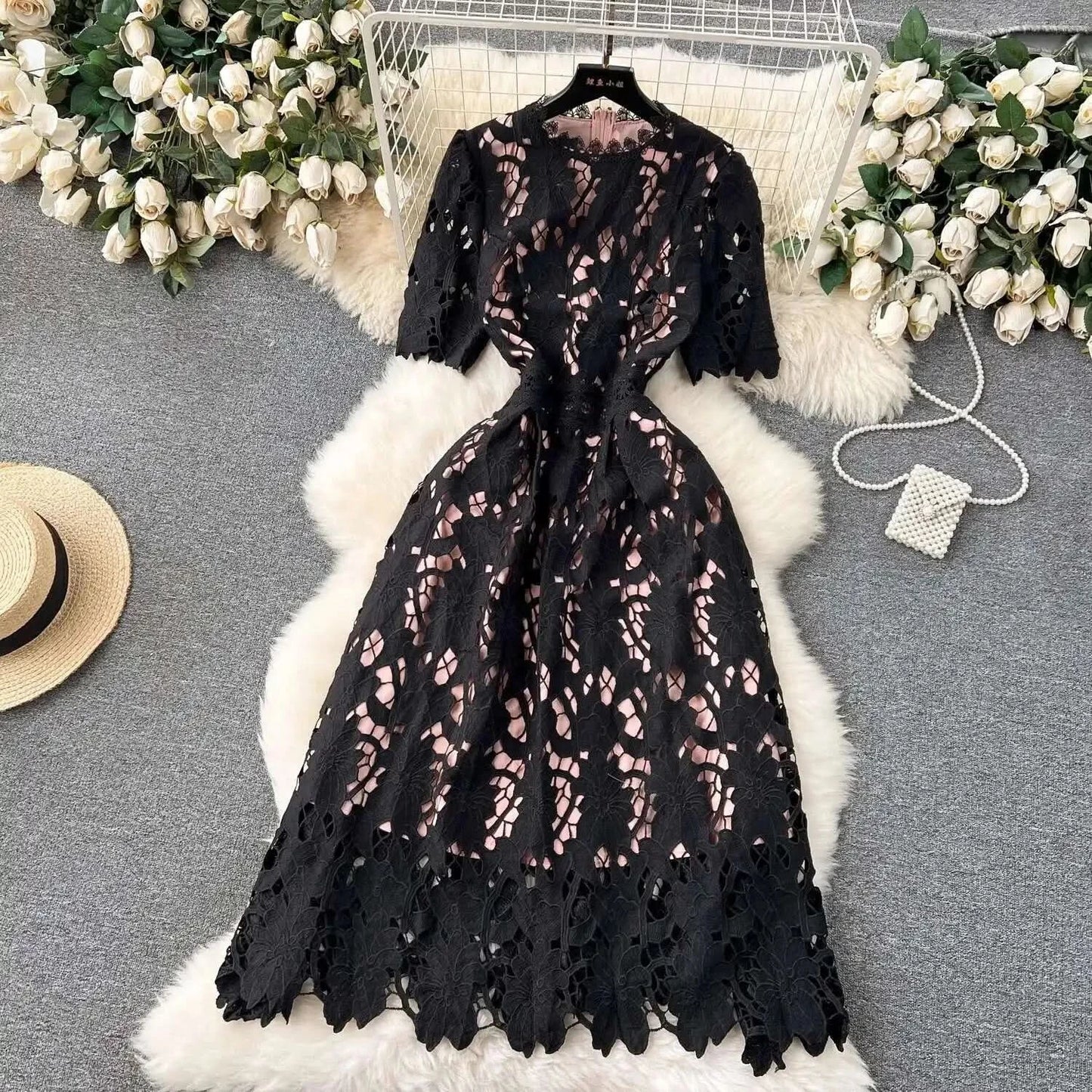 Elegant Flower Embroidery Lace Hollow Out Midi Dresses Women's 2025 Summer O Neck Short Sleeve Casual Long Dress Party Vestidos - M & M Global