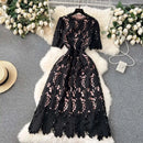 Elegant Flower Embroidery Lace Hollow Out Midi Dresses Women's 2025 Summer O Neck Short Sleeve Casual Long Dress Party Vestidos - M & M Global