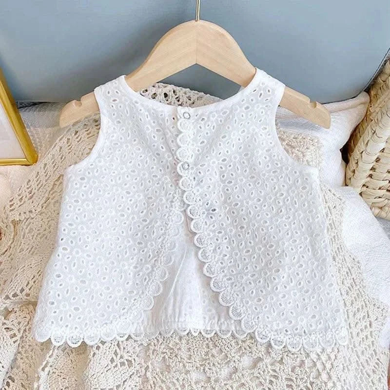 2PCS Kids Sets Summer Girl Clothes Children Hollow Lace Sleeveless Tops Shorts Set Fashion Baby Girl Cardigan Fake Two Suit - M & M Global