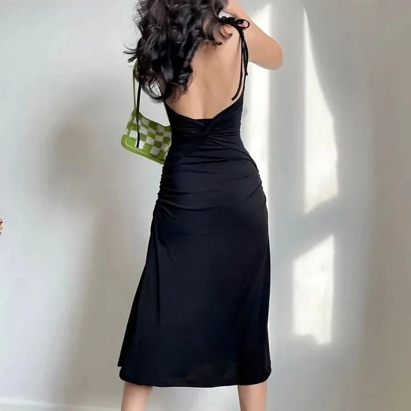 Fashion Strappy Ruched Sexy Black Dress Irregular Elegant Backless Long Dress Party Summer Dresses Women Clothes Vintage Dress - M & M Global