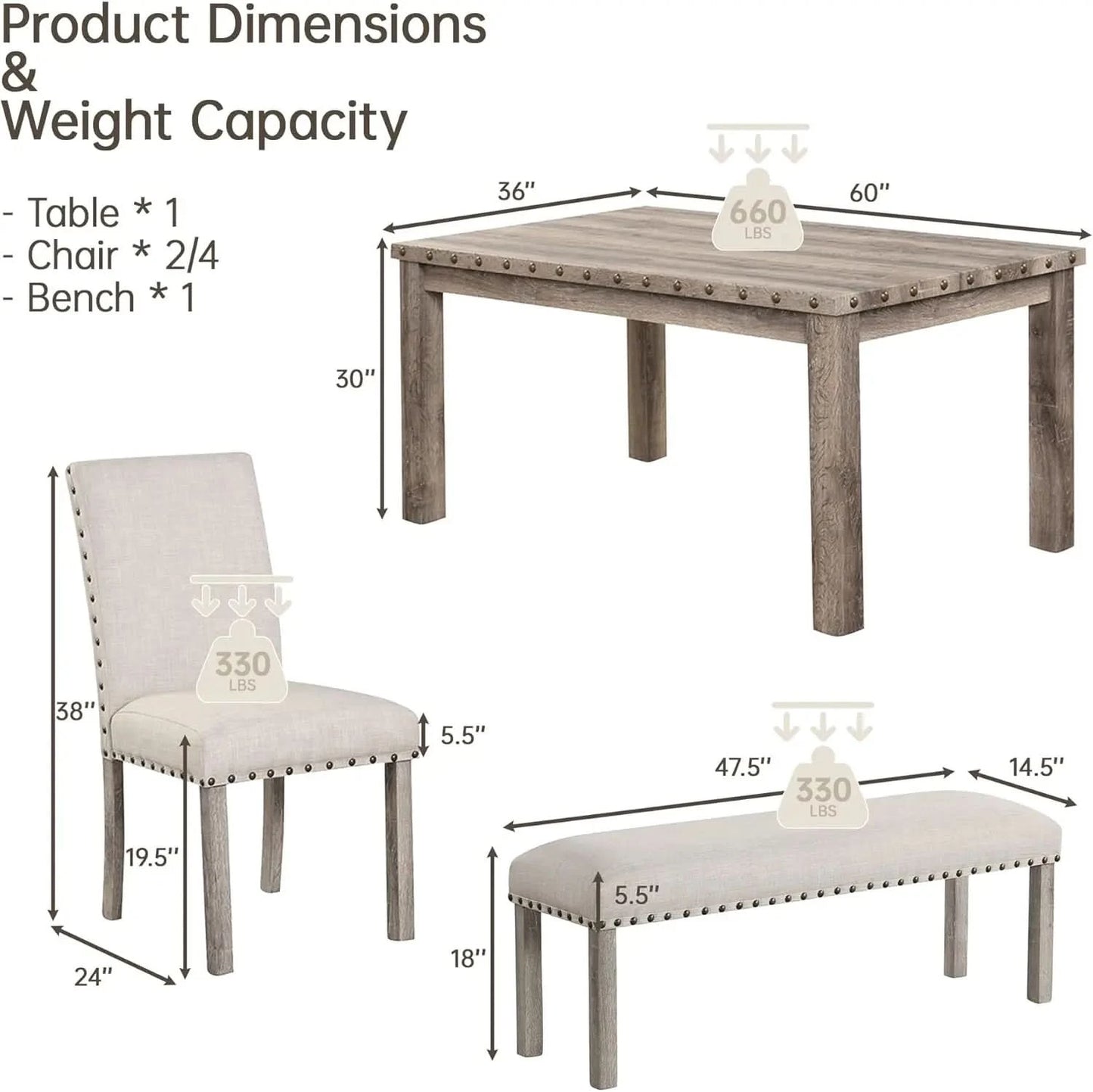Rustic Dining Table, Farmhouse Kitchen Dining Chairs , Charming 60" Rectangular Wooden Table& Upholstered