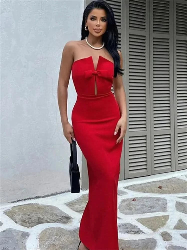 Tossy Tee Bow Off-Shoulder Slim Long Dress For Women Patchwork Fashion Elegant Hollow Out Backless Clothes Female Party Dress - M & M Global