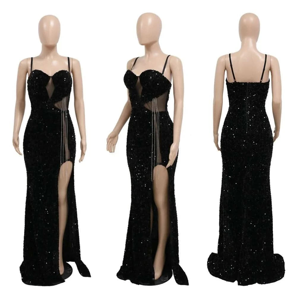 CM.YAYA Women Sequined Tassel Front Spaghetti Strap Sleeveless High Side Slit Maxi Long Dress 2023 Evening Sexy Party Dresses - M & M Global