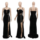 CM.YAYA Women Sequined Tassel Front Spaghetti Strap Sleeveless High Side Slit Maxi Long Dress 2023 Evening Sexy Party Dresses - M & M Global