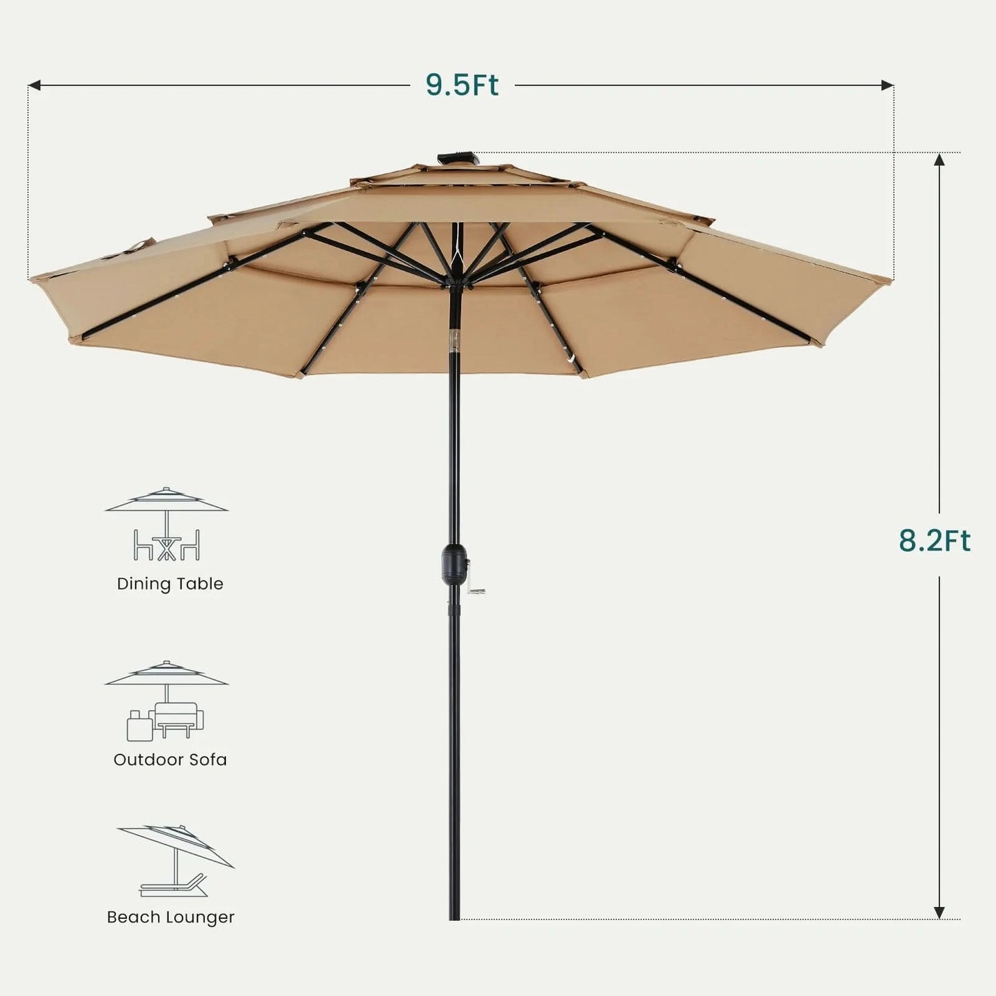 JHK 10FT 3-Tier Patio Outdoor Umbrella with Solar 32 LED Lights Tilting Table Umbrella with 8 Sturdy Ribs for Garden Backyard