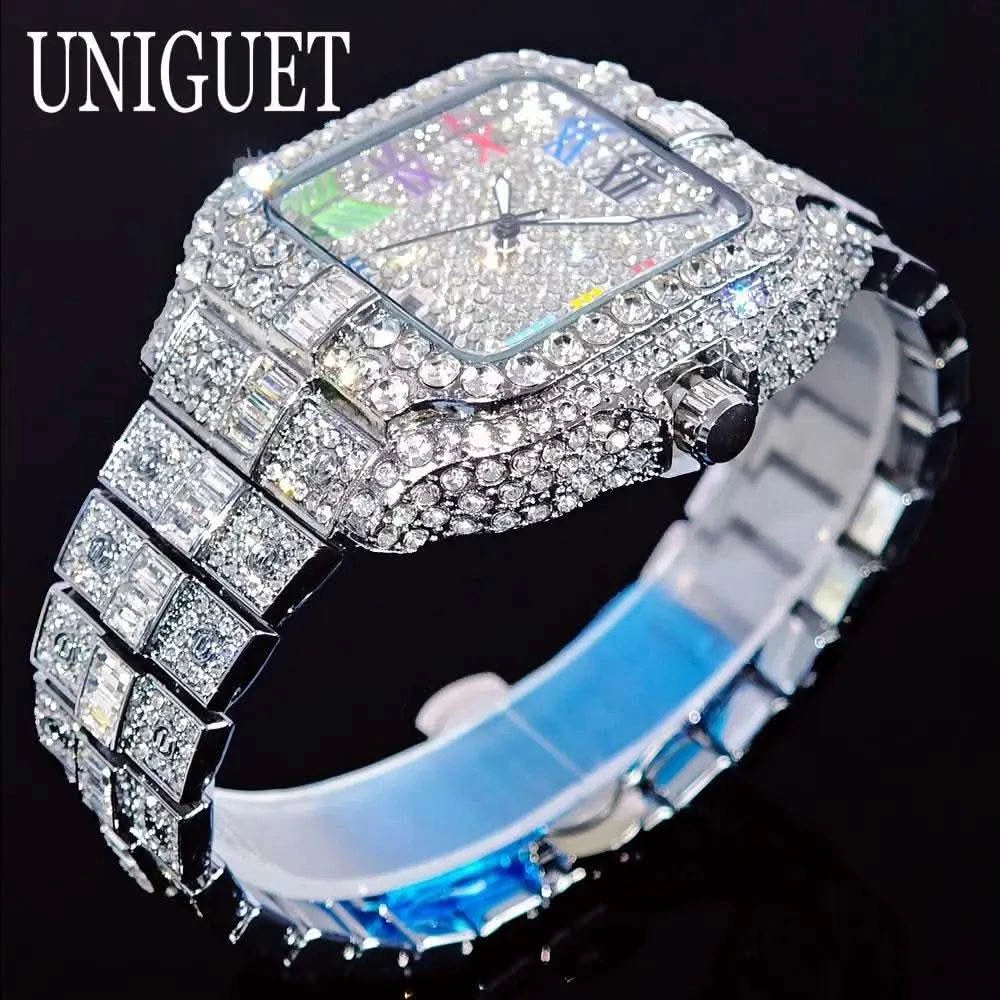2025 UNIGUET Luxury Diamond Watch For Men With Rainbow Dial Calendar Quartz Watches Fashion Hip Hop Iced Out Wristwatch Man Gift - M & M Global