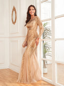 Elegant Long Sleeves Sequin Tulle Evening Dresses 2025 Women Luxury Mermaid Formal Bridesmaid Party Maxi Prom Dress