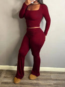 2025 latest women's two-piece set casual comfortable square neck long sleeve top and solid color pants