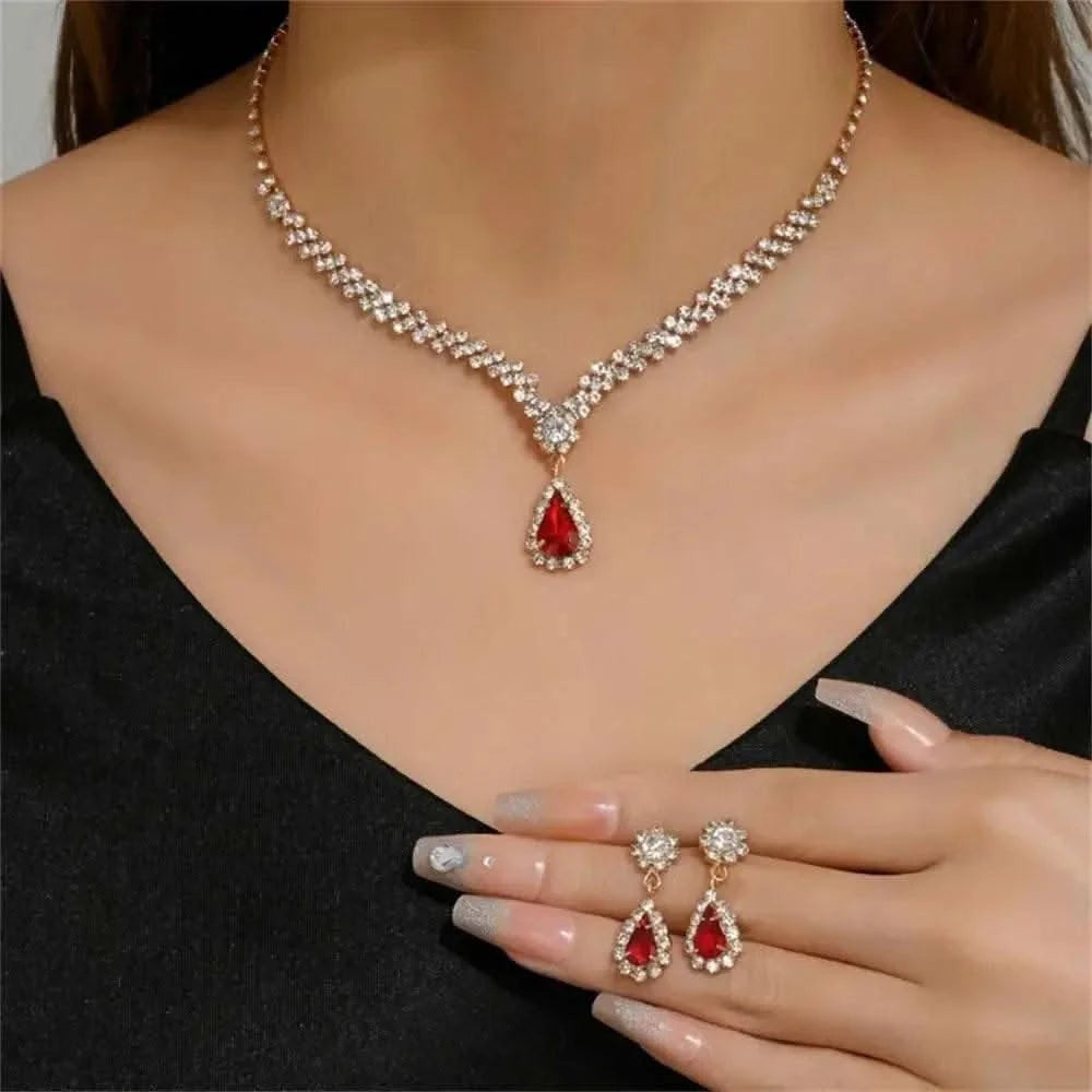 2pcs/set Jewelry Sets Women Elegant Waterdrop Rhinestone Pendant Necklace stud Earrings Wedding Dress Bridal Jewelry Set - M & M Global