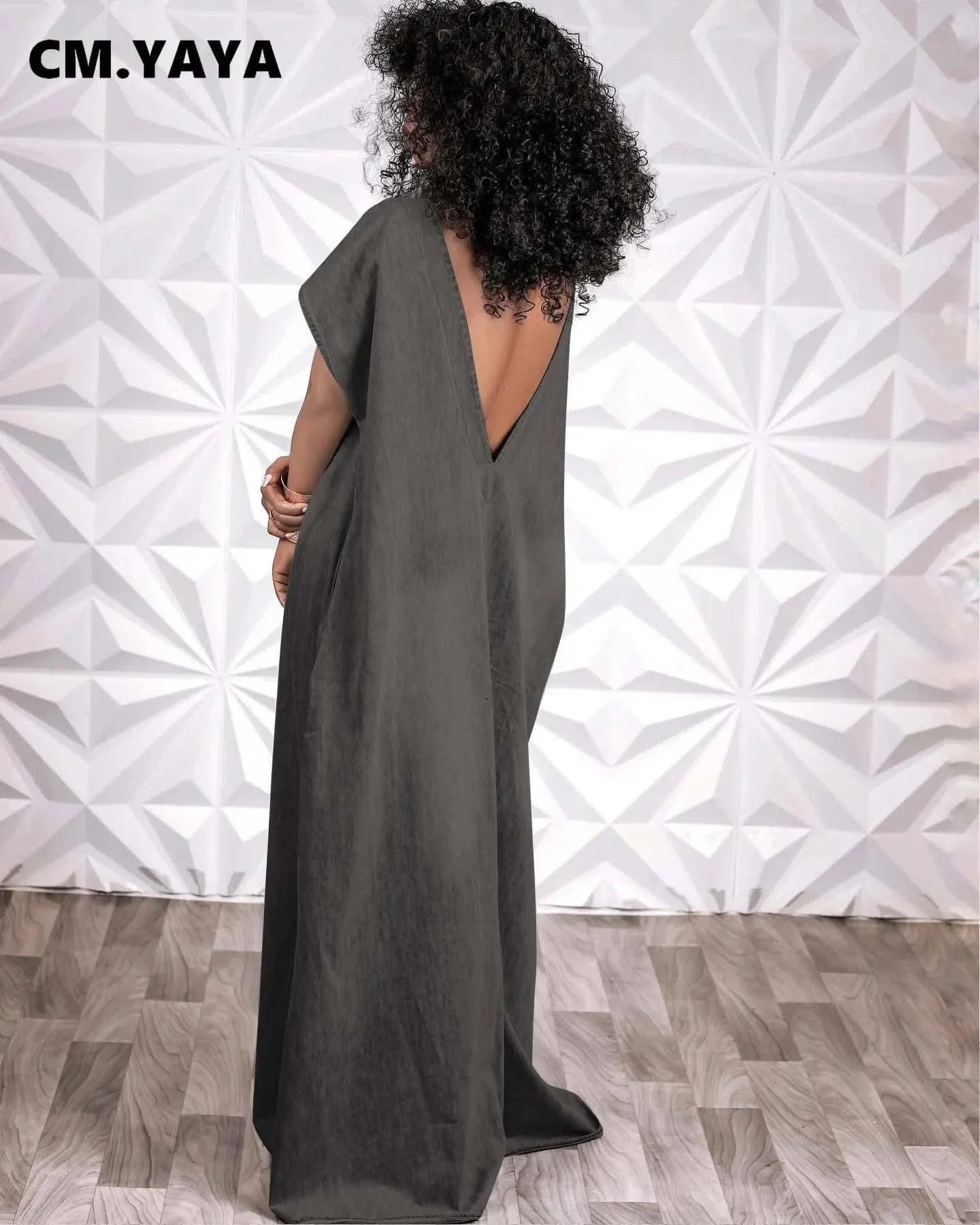 CM.YAYA Vintage Women Fashion Batwing Short Sleeve Denim V-back Loose Slim Maxi Long Dress 2023 High Street Vestido Jean Dresses - M & M Global