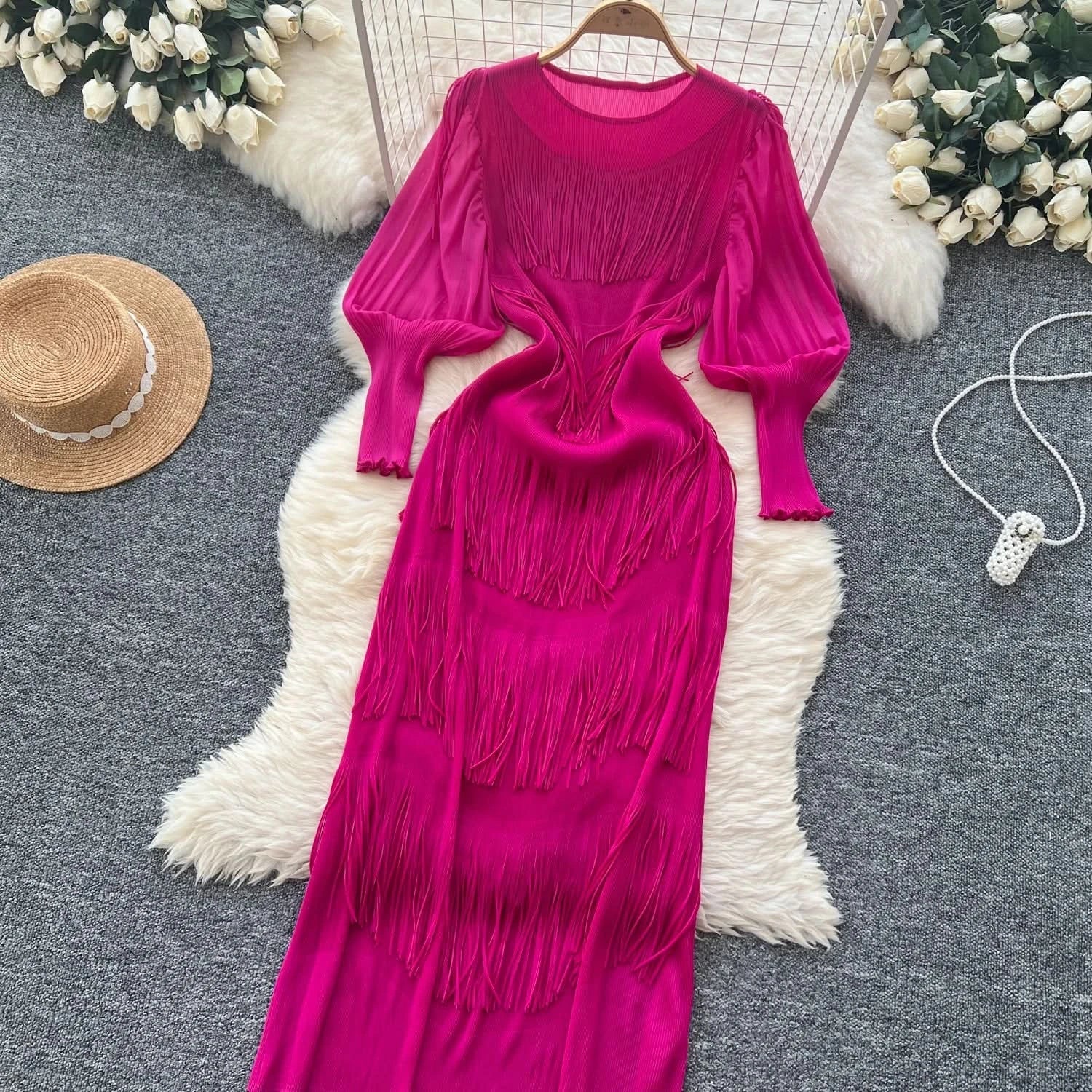 Vintage O-Neck Elegant Long Lantern Sleeve Chic Tassel Slim Long Dress French Fashion Evening High Street Autumn Winter Clothing - M & M Global