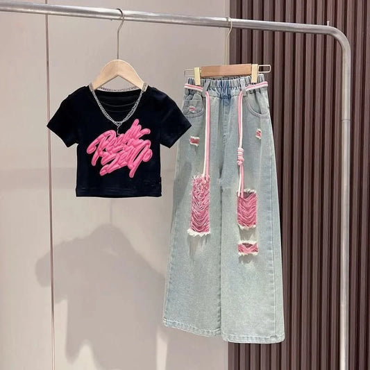 Girls Summer New Short-Sleeved T-Shirt Jeans Big Boy Colorful Denim Ripped Pants Suit Children's Top Foreign Wide-Legged Pants - M & M Global