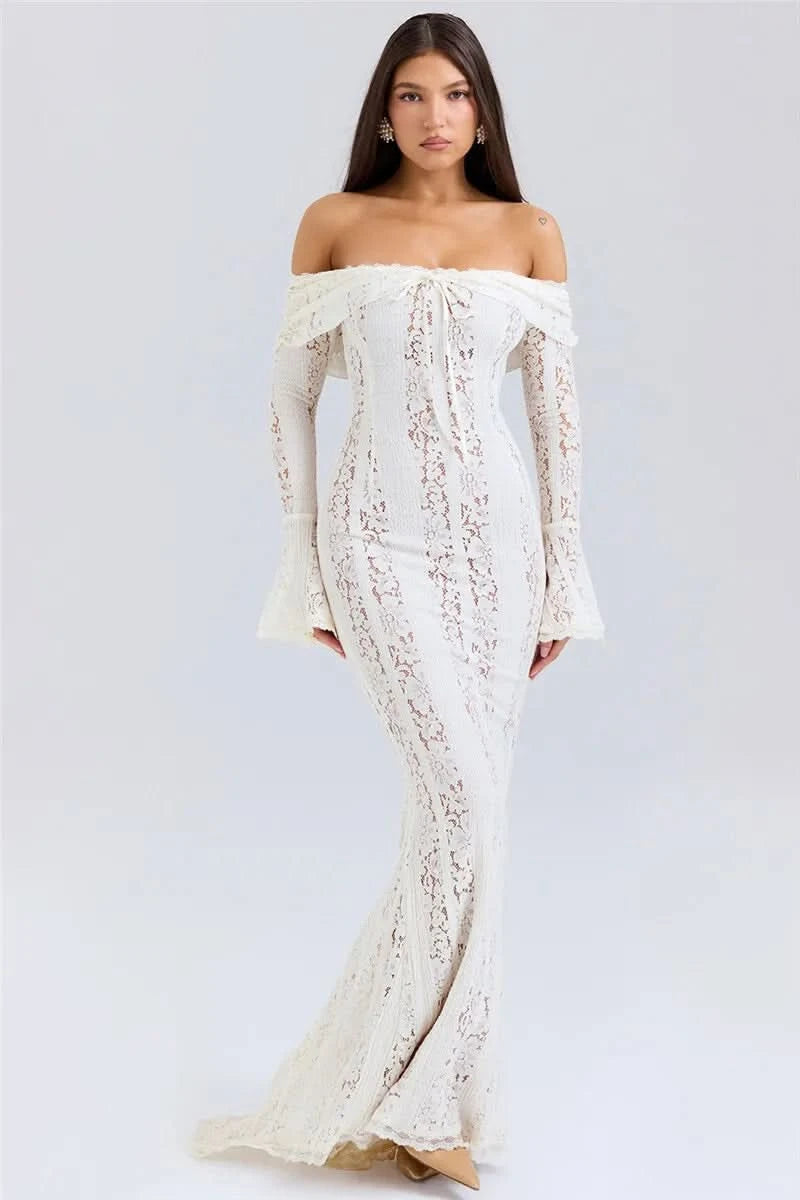 Mozision Floral Lace Off-shoulder Maxi Dress For Women White Strapless Backless Long Sleeve Bodycon Club Party Sexy Long Dress - M & M Global