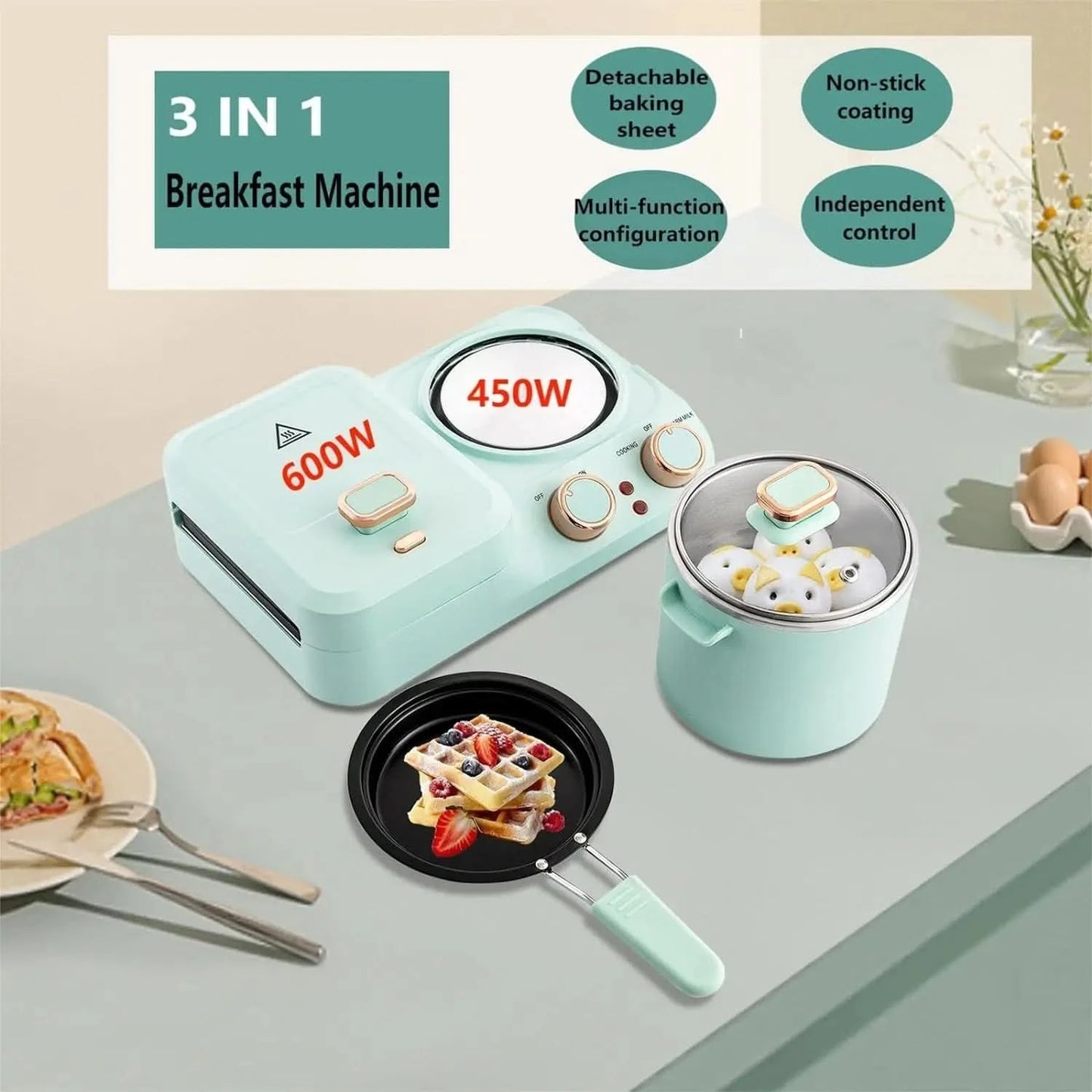 Breakfast Sandwich Maker w/Boiling Pot, 3 in 1 Breakfast Station, Retro Household Electric Mini Toaster Bread Sandwich Maker wit - M & M Global