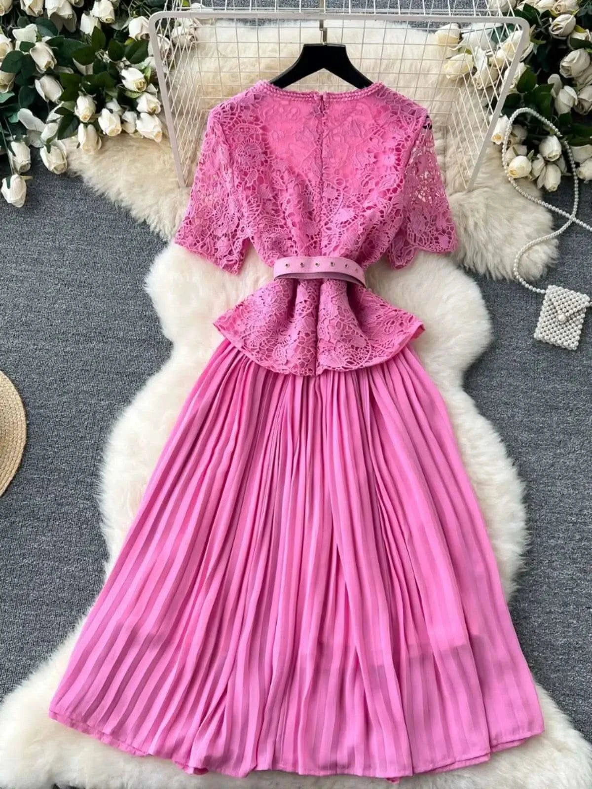 Designer 2025 Summer Pleated Chiffon Lace Long Dress Women Flower Embroidery Gold Button Belt Evening Party Dresses Wedding Robe - M & M Global