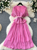 Designer 2025 Summer Pleated Chiffon Lace Long Dress Women Flower Embroidery Gold Button Belt Evening Party Dresses Wedding Robe - M & M Global