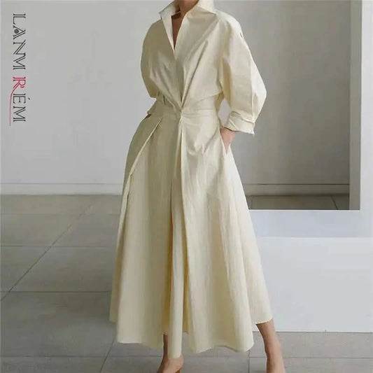 LANMREM Women's Clothing Long Dress Turn Down Collar With Button Pockets Loose Casual Dresses Female Streetwear Fashion 2C2019 - M & M Global