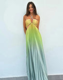 Women Chic Gradient Print Halter Neck Pleated Beach Long Dress Fashionable Long Dress Sexy Hollow Out Vacation Maxi Dress Outfit - M & M Global