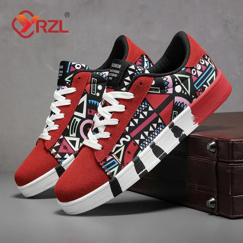 YRZL Men's Sports Running Shoes Canvas Geometric Style Lace-Up Sneakers Couples' Fashionable Graffiti Print Skate Shoes Men - M & M Global