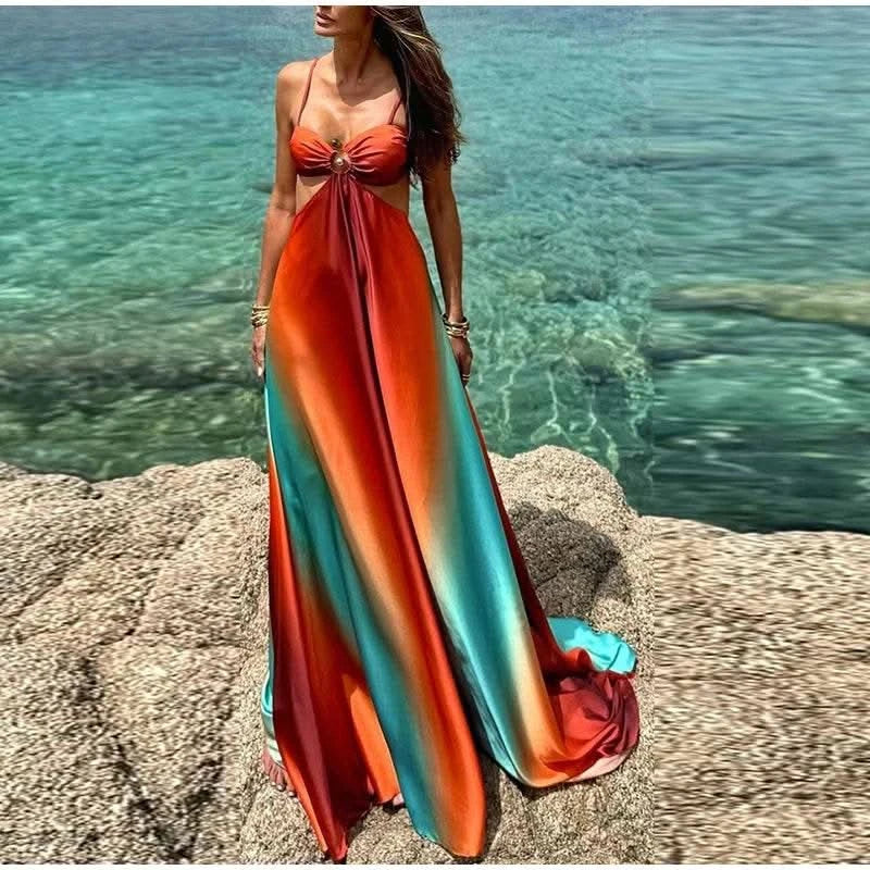 Bohemia Gradient Printed Sling Beach Maxi Dress Women Spaghetti Strap Sleeveless Backless Long Dress Female Hollow Out Chic Robe - M & M Global