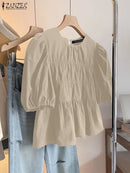 ZANZEA Women Summer Tops Short Sleeve Blouse 2025 Casual Solid Color Tunic Female Ruffled Round Neck Pleated Blusas Oversized