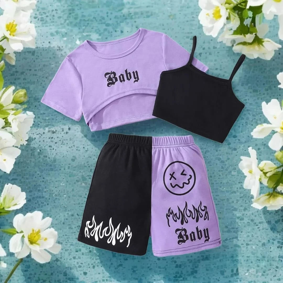 New Kids Girls Clothing Set Summer Short Sleeve Fashion Three Piece Girls Suit Color Block Children Outfits Girls Clothes 8-12Y - M & M Global