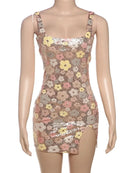 Weird Puss Colorful Flower Print Mini Dress Women Sequins Patchwork Skinny Backless Sleeveless Vacation Trend Elegant Outfits - M & M Global