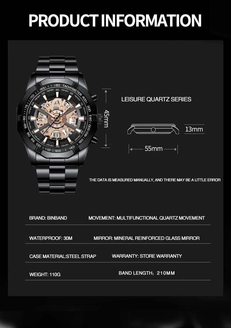 BINBOND Mens Quartz Watches Top Brand Luxury Stainless Steel Waterproof Hollow Out Blue Big Male Wristwatches Relogio Masculino - M & M Global