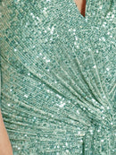Luxury Floor Length V-Neck Evening Dresses Women Elegant Wedding Party Maxi Dress Sequins Short Sleeves Prom Cocktail Gowns