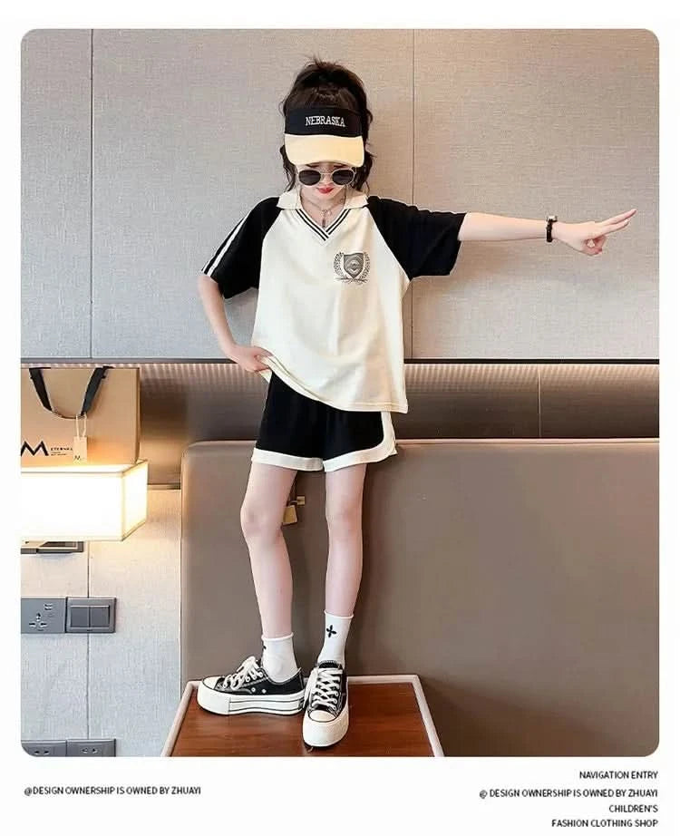 Summer Clothes Set for Children Girls Fashion V Neck T-shirts and Shorts 2pcs Suit Teenage Lapel Top Bottom Outfits Tracksuits - M & M Global