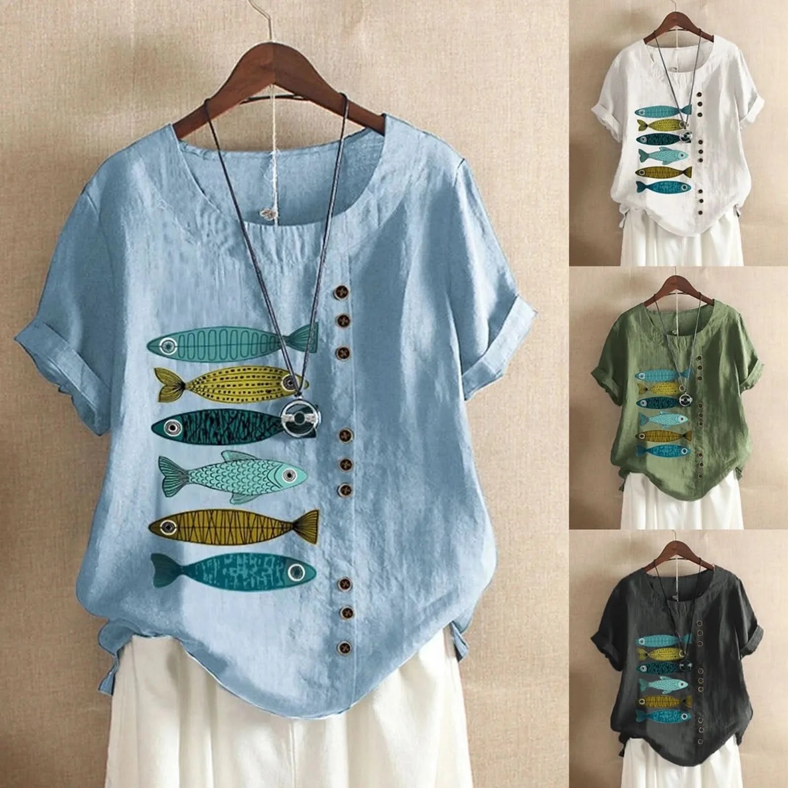 Women Casual Top Boho Short Button Sleeve Loose Blouse Print Fish Shirt Women'S Blouse Casual Cotton And Linen Top Top Mujer - M & M Global