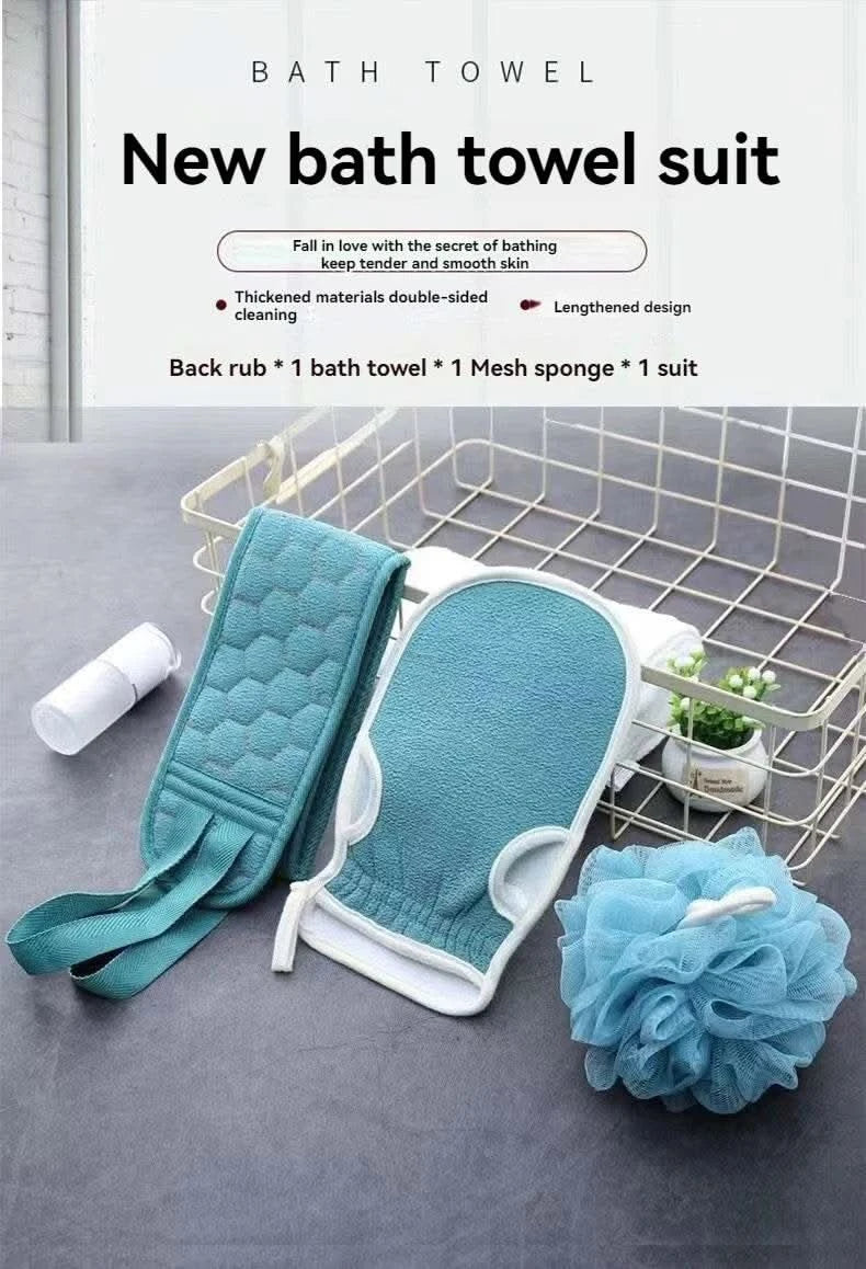 3 PCS Three-piece Bath Set, Rub Bath and Bath Artifact, Household Long Rub Back Towel, Bath Gloves, Bath Flower Set - M & M Global