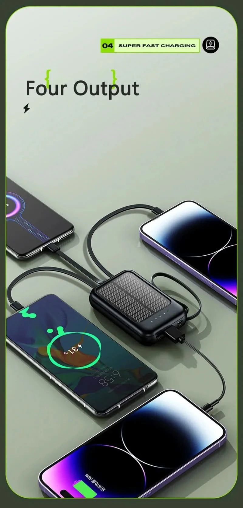 Solar Power Bank Built 4 Cables Portable Charger External Spare Battery Mini Powerbank with LED Light for IPhone Xiaomi Huawei - M & M Global
