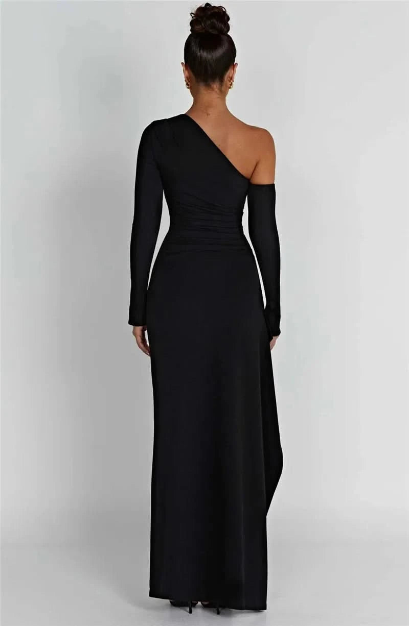 Mozision Oblique Shoulder Thigh High Split Maxi Dress Women Long Sleeve Backless Bodycon Sexy Club Party Long Dress Vestidos - M & M Global