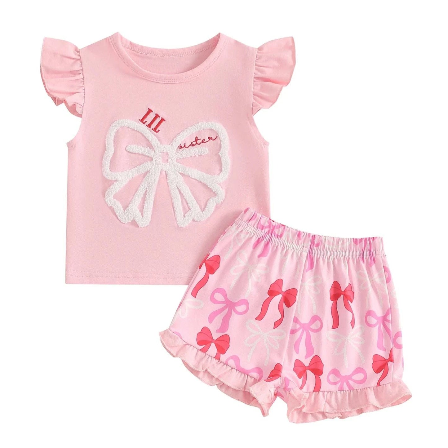 Cute Matching Baby Toddler Brother Outfit Bow Fly Sleeve Tops Elastic Waist Ruffle Shorts 2 Piece Summer Set for Siblings - M & M Global