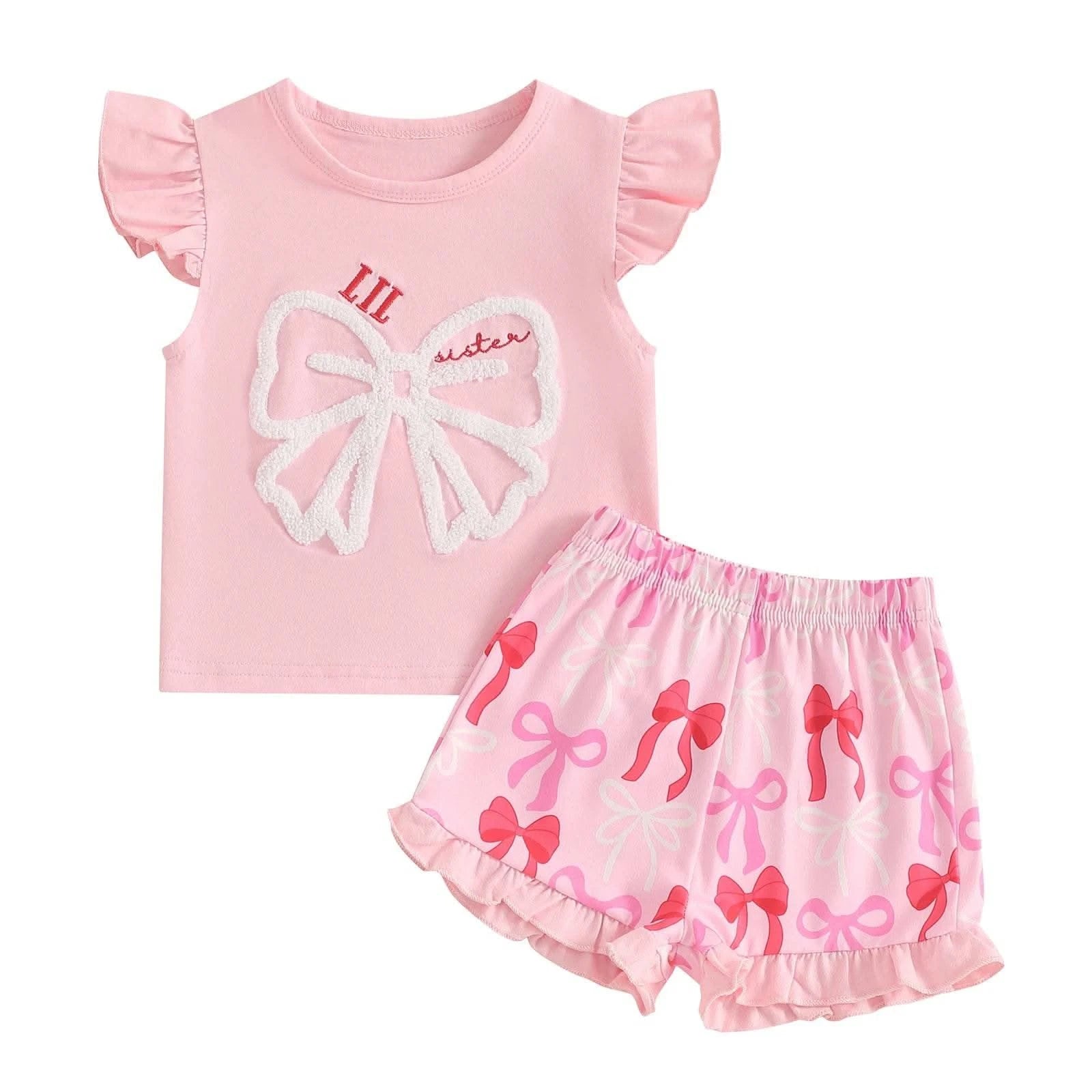 Cute Matching Baby Toddler Brother Outfit Bow Fly Sleeve Tops Elastic Waist Ruffle Shorts 2 Piece Summer Set for Siblings - M & M Global