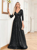 Luxury V Neck Long Sleeves Blue Sequins Formal Evening Dress Women 2025 Wedding Party Prom Maxi Cocktail Dress Gowns