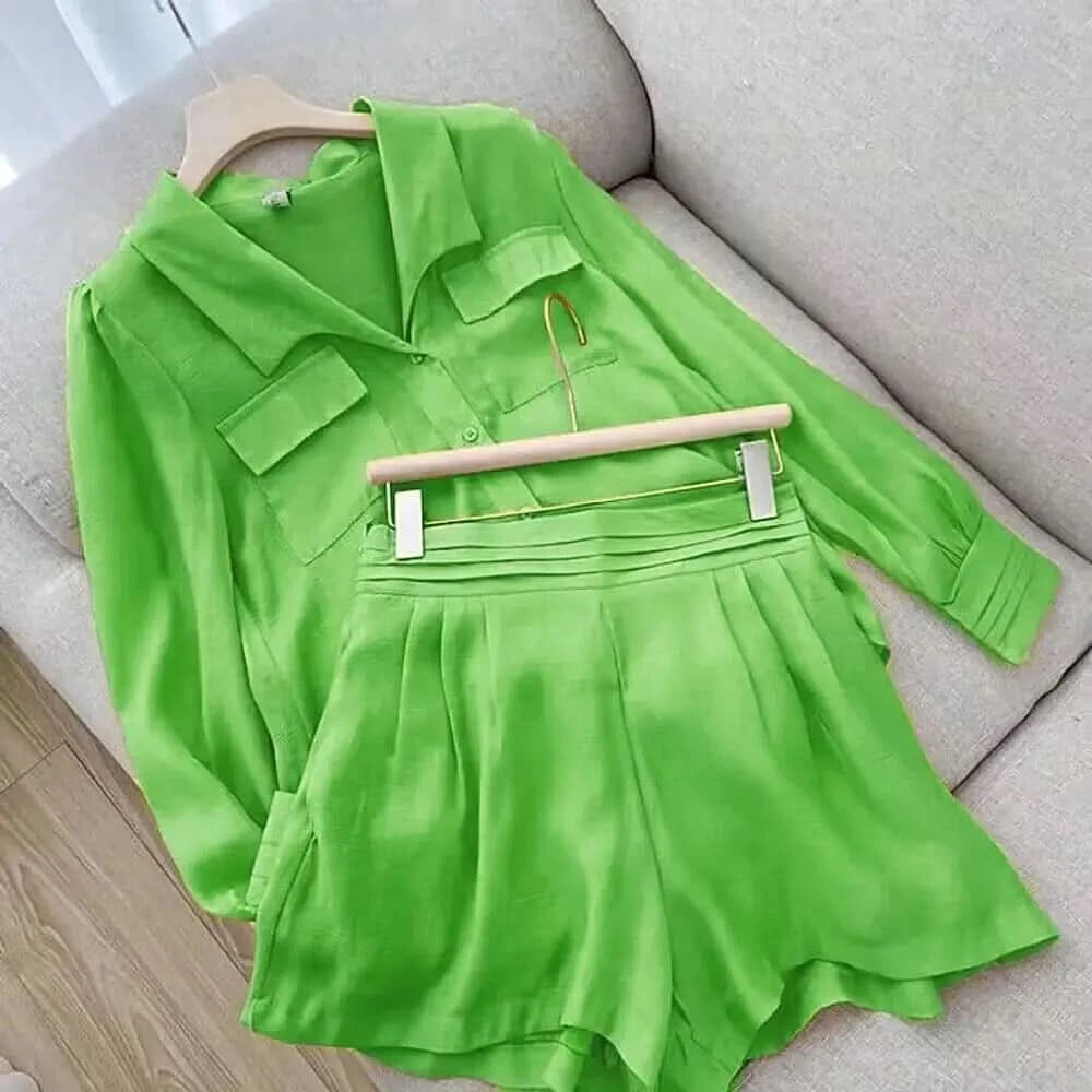 Thin Short Sets Shirts Two Piece Sets Loose Long Sleeve Casual Office Clothing Solid Color 2 Piece Summer Set Women Elegant - M & M Global